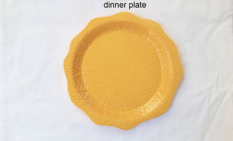 ceramic plate yellow pottery plate lace-impressed handmade pottery