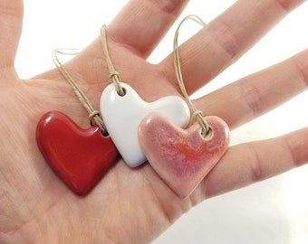 tiny heart ornaments - pottery heart, ceramic heart, Valentine ornament, Christmas ornament, ceramic ornament, pottery ornament, wedding