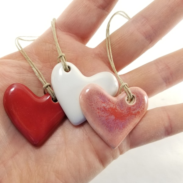 tiny heart ornaments - pottery heart, ceramic heart, Valentine ornament, Christmas ornament, ceramic ornament, pottery ornament, wedding