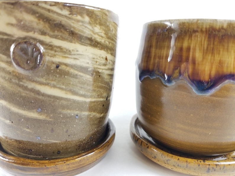 pottery planters ceramic plant pots mug seconds recycled into planters w affixed drip trays- brown pottery planter indoor planter