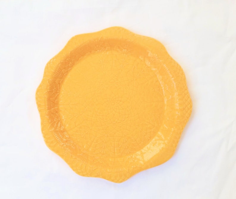 ceramic plate yellow pottery plate lace-impressed handmade pottery
