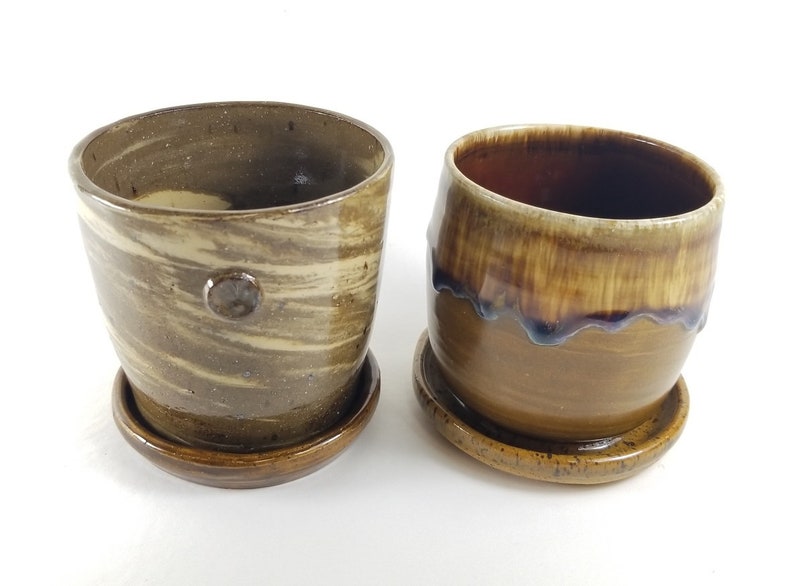 pottery planters ceramic plant pots mug seconds recycled into planters w affixed drip trays- brown pottery planter indoor planter