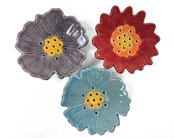 pottery soap dish, flowers ! , handmade ceramic sponge holder, handmade pottery soap holder,  bathroom accessory kitchen accessory
