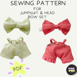 May include: A sewing pattern for a jumpsuit and head bow set. The image shows a light green bow and jumpsuit, and a coral-colored bow and jumpsuit. The text "SEWING PATTERN FOR JUMPSUIT & HEAD BOW SET" is at the top. A yellow star with the text "PDF" is in the lower left.