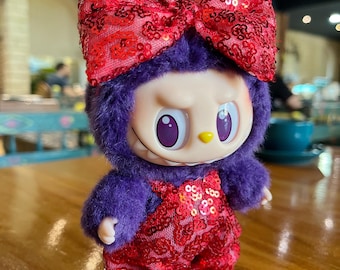 Red sequin Labubu Jumpsuit – Adorable Handmade Outfit with Head Bow by Pakpak Handmade