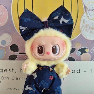Kasuri print Rabbit Labubu Jumpsuit – Adorable Handmade Outfit with Head Bow by Pakpak Handmade