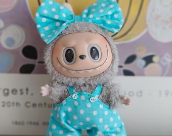 Light Blue polkadot Labubu Jumpsuit – Adorable Handmade Outfit with Head Bow by Pakpak Handmade