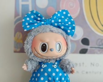 Blue polkadot Labubu Jumpsuit – Adorable Handmade Outfit with Head Bow by Pakpak Handmade