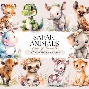 Safari Animals Clipart Bundle - Watercolor Kawaii Baby Animal Giraffe, Elephant, Lion, Hippo Nursery - Transparent Background 10 PNG Graphic