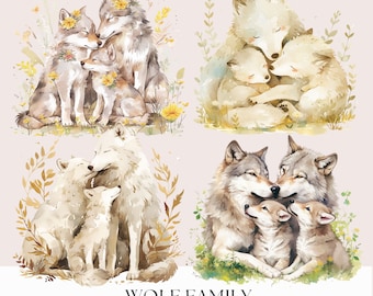 Lot de cliparts famille loup mignon - aquarelle maman papa bébé loup chambre d'enfant Portrait de famille fabrication de cartes - fond Transparent 4 images PNG