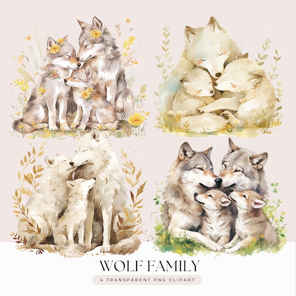 Cute Wolf Family Clipart Bundle - Watercolor Mama Papa Baby Wolf Nursery Family Portrait Card Making - Transparent Background 4 PNG Graphics