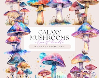 Galazy Mushrooms Clipart Bundle - Watercolor Magical Neon Galaxy Funky Mushrooms Sublimation Clipart - Transparent Background 9 PNG Graphics