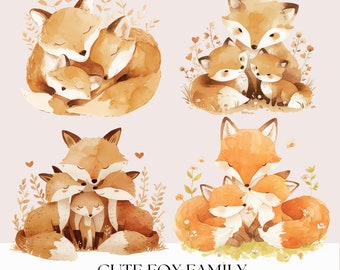 Cute Fox Family Clipart Bundle - Watercolor Mama Papa Baby Fox Nursery Family Portrait Card Making - Transparent Background 4 PNG Graphics