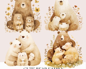Bundle de clipart famille ours mignon - aquarelle maman papa bébé ours pépinière Portrait de famille fabrication de cartes - fond Transparent 4 images PNG