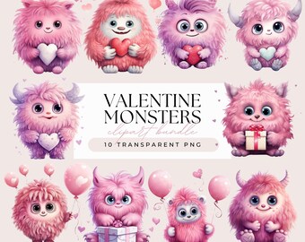 Pink Valentines Day Monsters Clipart - Watercolor Fluffy Love Monsters Commercial Use - Transparent Background 10 PNG Sublimation Graphics