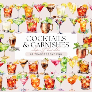 Cocktails and Garnishes Clipart - Watercolor Popular Summer Party Bar Menu Cocktail Clipart Bundle - Transparent Background 62 PNG Graphics