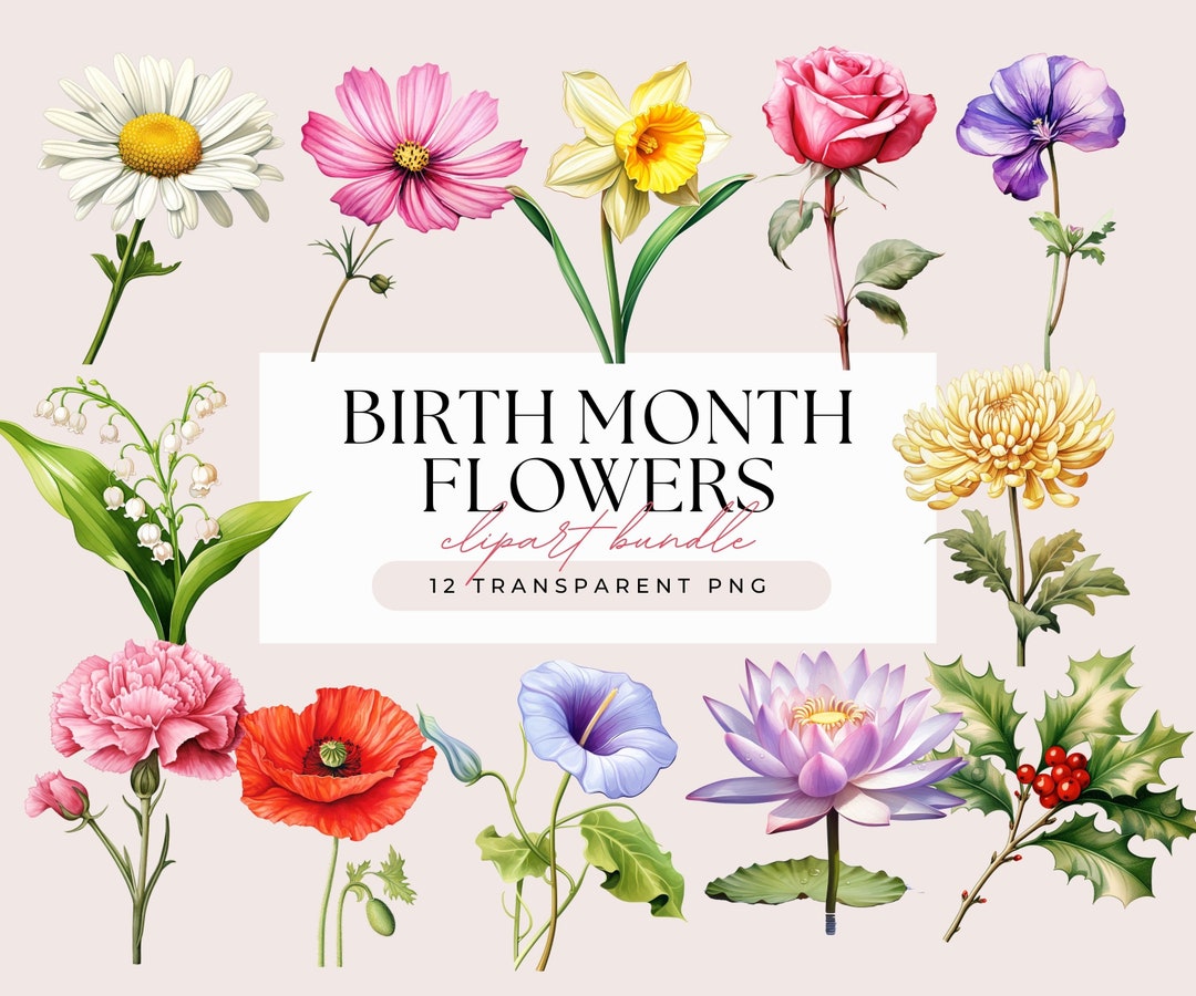 Birth Month Flower Clipart Bundle Personalized Custom Watercolor