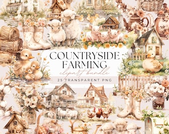 Countryside Farming Clipart Bundle - Watercolor Rustic Boho Farmhouse Easter Cottagecore Clipart - Transparent Background 25 PNG Graphics