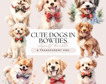 Chiens en nœuds papillons Clipart Bundle - Aquarelle Happy Dogs Caniche Doodle Pomerian Golden Retriever - Fond transparent 8 PNG Graphics