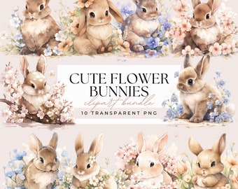 Easter Woodland Spring Bunnies Clipart Bundle - Watercolor Rustic Boho Bunnies in Spring Flowers - Transparent Background 10 PNG Graphics