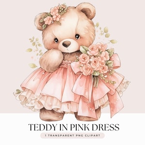Orsetto di peluche in abito rosa Clipart - Acquerello Kawaii Baby Bear in grazioso abito rosa pastello con volant - Sfondo trasparente 1 PNG Graphic