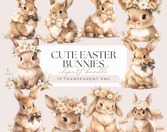 Easter Woodland Bunnies Clipart Bundle - Watercolor Rustic Boho Easter Bunnies in Flowercrown Bow - Transparent Background 10 PNG Graphics