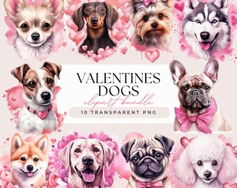 Valentine Dogs Day Clipart - Watercolor Valentines Yorkie Husky Jack French Bulldog Pug Shiba Poodle Labrador  - Transparent 10 PNG Graphics