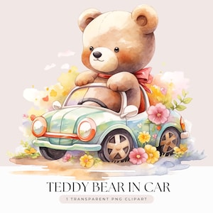 Ours en peluche dans une voiture Clipart - aquarelle Kawaii bébé ours dans une voiture hippie mignon fleurs unique Clipart - fond Transparent 1 image PNG