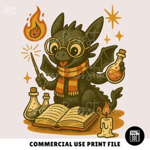 Magicien en formation Dragon, dragon rétro Halloween magie noire, clipart T-shirt dessin animé saison effrayante, sublimation POD DTG fichier PNG imprimable