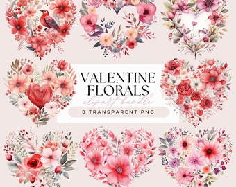 Valentines Day Flower Hearts Clipart - Watercolor Valentines Florals Commercial Use - Transparent Background 8 PNG Sublimation Graphics