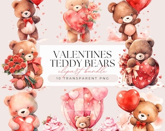 Valentines Teddy Bears Clipart - Watercolor Valentines Love Teddy Commercial Use - Transparent Background 10 PNG Graphics
