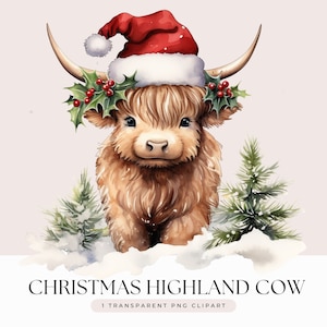 Clipart di mucca delle Highland di Natale - Acquerello Baby Christmas Holiday Cow Clipart per uso commerciale singolo - Sfondo trasparente 1 PNG Graphic
