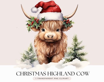 May include: Watercolor illustration of a Highland cow wearing a Santa hat and holly wreath. The cow has long, shaggy brown fur and is set against a snowy backdrop with two small Christmas trees. The text "CHRISTMAS HIGHLAND COW" is at the bottom.