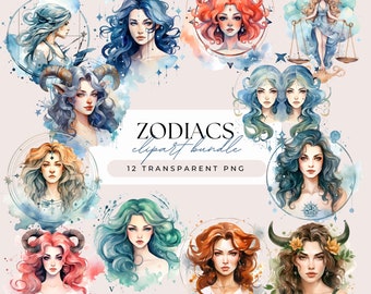 Zodiac Women Clipart Bundle - Watercolor Horoscope Gemini Virgo Sagittarius Cancer Pisces Aquarius - Transparent Background 12 PNG Graphic