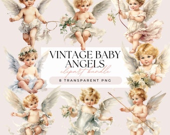 Vintage Baby Angels Clipart Bundle - Watercolor Baby Cupid Cherub Vintage Style Illustrations - Transparent Background 8 PNG Graphic