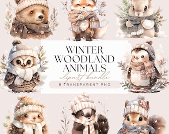 Winter Woodland Animals Clipart Bundle - Watercolor Christmas Forest Bear Rabbit Deer Owl Fox Skunk  - Transparent Background 8 PNG Graphics