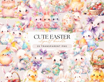Cute Pastel Easter Animal Clipart Bundle - Colorful Watercolor Easter Bunny Chick Lamb Duckling Pig - Transparent Background 25 PNG Graphics