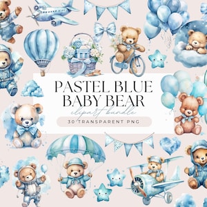 Baby Teddy Bear - Watercolor Bear Pastel Blue Baby Shower Nursery Decor for Boys Clipart Bundle - Transparent Background PNG Graphics