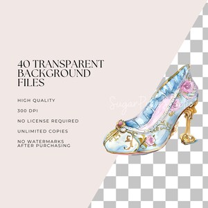 May include: A blue glass slipper with gold trim and pink roses. The slipper has a high heel with a gold design. The background is a checkered pattern.