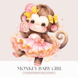 Puede incluir: Una ilustración de acuarela de una linda niña mono con un tutú rosa y sosteniendo una piruleta de espiral rosa y blanca. Tiene pelo marrón, una nariz rosa y lazos amarillos en el pelo.