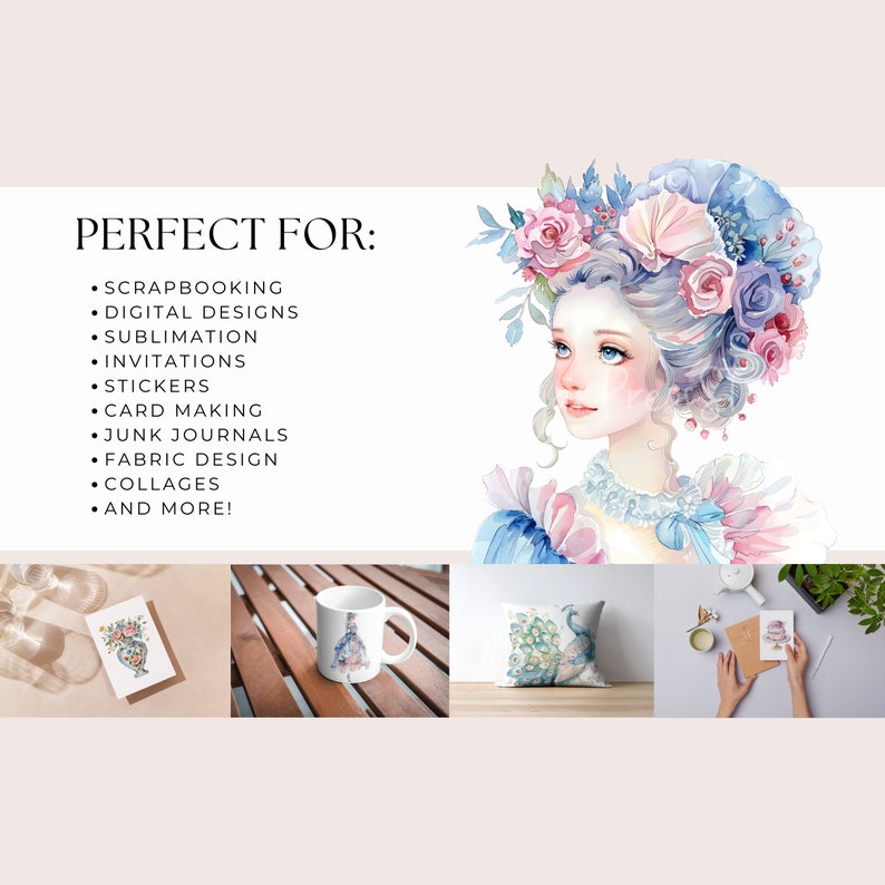 May include: A watercolor illustration of a woman with a floral crown and a blue and pink dress. The image is perfect for scrapbooking, digital designs, sublimation, invitations, stickers, card making, junk journals, fabric design, collages, and more.