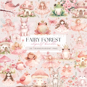 Fairy Forest-clipartbundel - aquarel pastelroze tuinfeeën - schattige kinderillustraties - transparante achtergrond 30 png-afbeeldingen