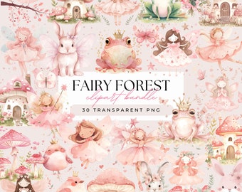 Fairy Forest Clipart Bundle - Watercolor Pastel Pink Garden Fairies - Cute Children Illustrations - Transparent Background 30 PNG Graphics