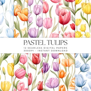 Pastell Tulpen Blumen Digitales Papiermuster, Aquarell Bunte Frühling Tulpen Blumen, 12 Kommerzielle Nutzung Seamless Scrapbook Papier Bundle