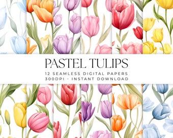 Pastel Tulip Flowers Digital Paper Pattern, Watercolor Colorful Spring Tulips Flowers, 12 Commercial Use Seamless Scrapbook Paper Bundle