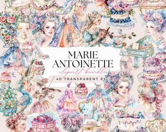 Bundle de cliparts Marie-Antoinette - aquarelle baroque rococo pastel - clipart historique Cottagecore - fond Transparent 40 images PNG