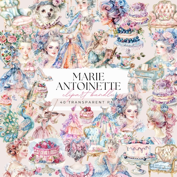 Marie Antoinette Clipart Bundle - Watercolor Pastel Rococo Baroque - Cottagecore Historical Clipart - Transparent Background 40 PNG Graphics