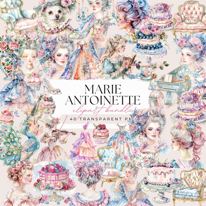 Marie Antoinette Clipart Bundle - Watercolor Pastel Rococo Baroque - Cottagecore Historical Clipart - Transparent Background 40 PNG Graphics image 1