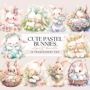 Cute Pastel Easter Bunnies Clipart Bundle Watercolor Kawaii Niji Easter Bunnies Card Making Sublimation Transparent 10 PNG Graphics image 1