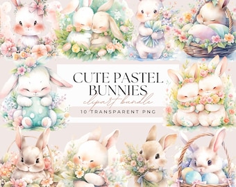 Cute Pastel Easter Bunnies Clipart Bundle - Watercolor Kawaii Niji Easter Bunnies - Card Making Sublimation Transparent 10 PNG Graphics